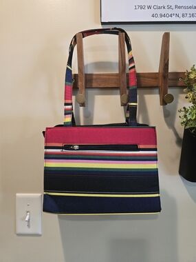 Striped Canvas Tote Bag in Pink & Navy With Matching Wallet.